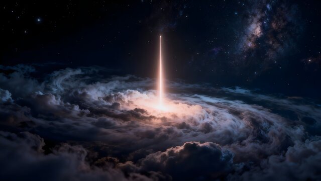 Space rocket launch through clouds