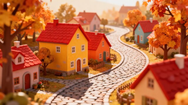 Colorful houses on winding cobblestone path
