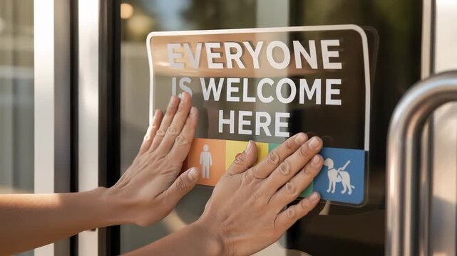 Hands Applying Inclusive Welcome Sign Everyone Is Welcome Here with Diversity Icons to Glass Door