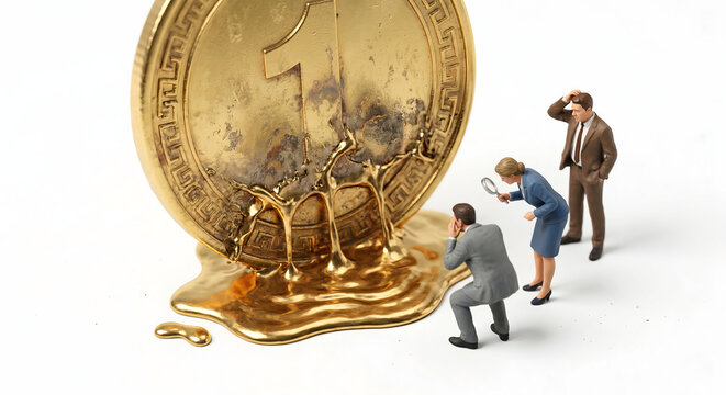 資産価値の腐食とインフレーション：溶け出す巨大な金貨を調査するミニチュアの専門家チーム

