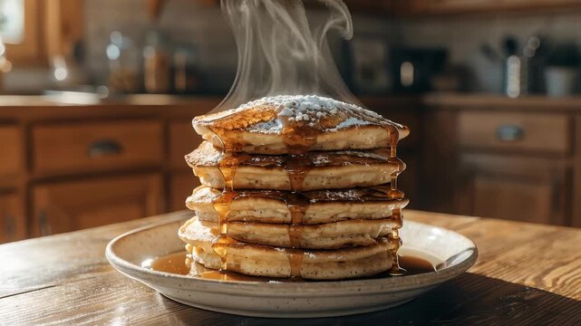 Golden Pancakes Stack with Dripping Maple Syrup and Powdered Sugar in a Cozy Kitchen Setting, Delicious Breakfast Food