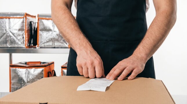 Close up of delivery worker attaching a receipt to a pizza or food box for dispatch