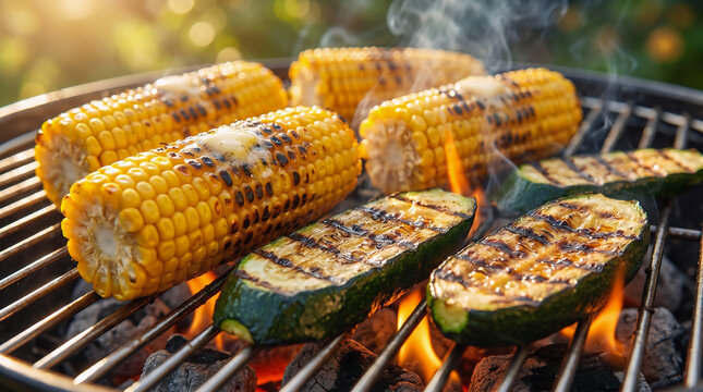 Grilled corn on the cob with zucchini over blazing barbecue flames, healthy BBQ cookout vegetable side for 4th of July celebration and festive summer outdoor gatherings