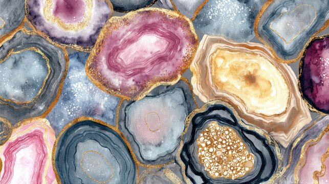 luxury watercolor agate slice texture background with gold veins elegant pink blue geode abstract marble crystal pattern banner template sophisticated quartz stone slice fluid art design decoration