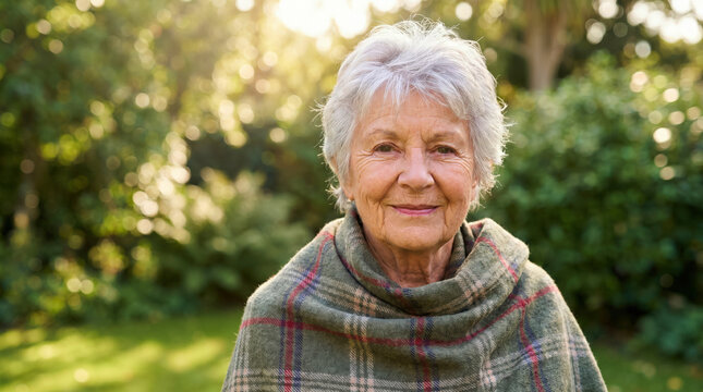 Elderly woman smiles while wrapped in a blanket in a garden duri