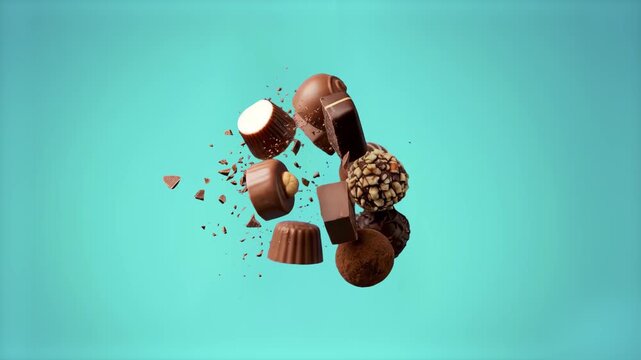 A dynamic collection of milk and dark chocolates, truffles, and chocolate pieces suspended in mid-air. This mouthwatering 3D render is designed for confectionery marketing and sweet dessert advertisem