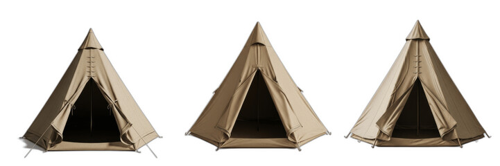 Isolated set of classic brown canvas teepee wigwam tents on white background, 3d outdoor camping equipment collection for wilderness travel vacation, scouting shelter and adventure camping concept © Bata