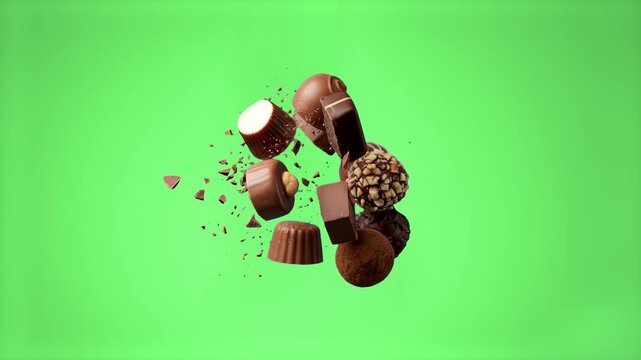 An assortment of gourmet milk chocolates, dark chocolate pieces, and filled truffles levitating in mid-air. This high-quality 3D render is perfectly designed for food promotions, commercial branding, 