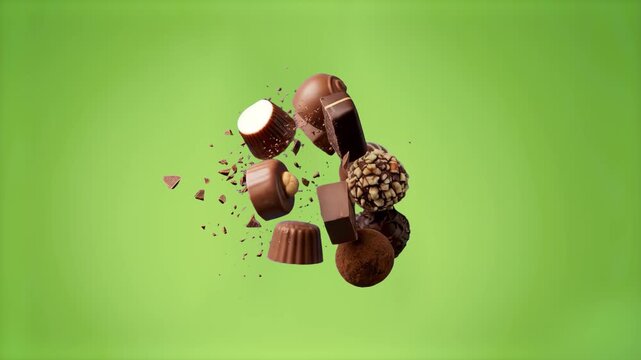 A dynamic explosion of chocolate truffles, milk chocolate bars, pralines, and crumbs freezing in mid-air against a bright green backdrop. This high-energy visual is excellent for commercial video edit