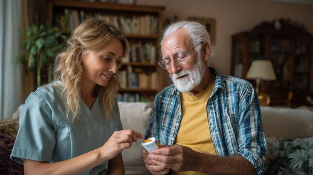 Home aide reads a medication label and explains the daily schedule to a bearded elderly man in a book-lined cozy living room