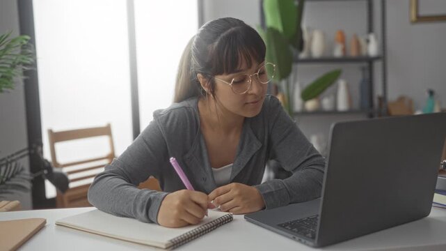 Woman wearing glasses writing in spiral notebook with pink pen at desk beside laptop in building; study concentration productivity.