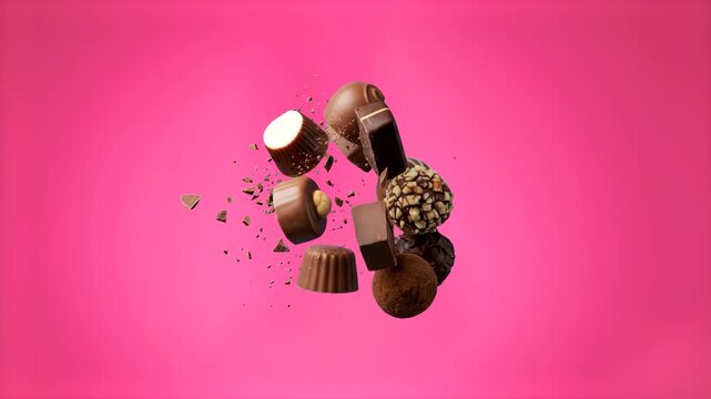 A dynamic cluster of premium chocolate pralines, truffles, and bars float in mid-air with scattering crumbs against a vibrant pink studio background. This high-quality 3D food simulation is perfect fo