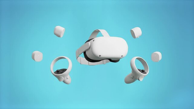 A white virtual reality gaming headset floats mid-air alongside two hand controllers and wireless tracking sensors. This 3D stylized animation represents immersive digital technology, cyberspace gamin