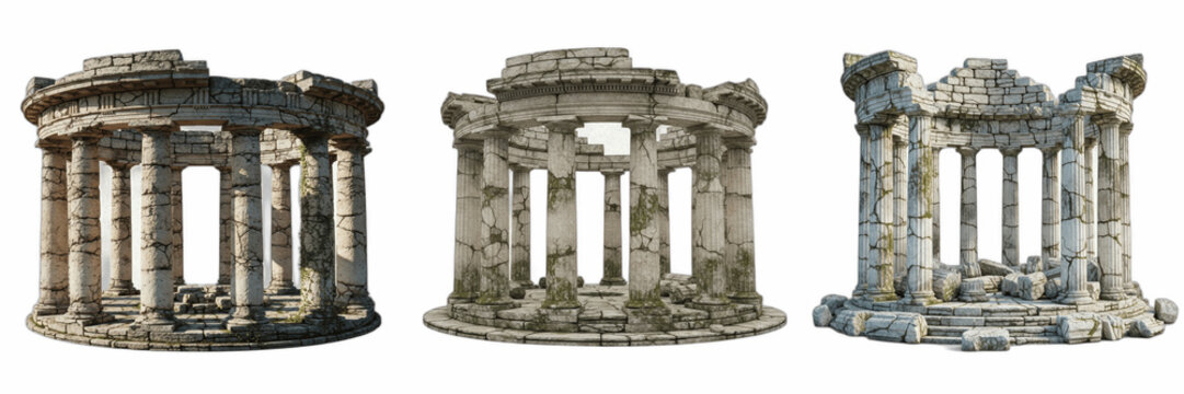 Isolated set of historic ancient roman greek temple stone ruins pillars on white background, 3d classical architectural monument collection for travel tour destinations and history archaeology