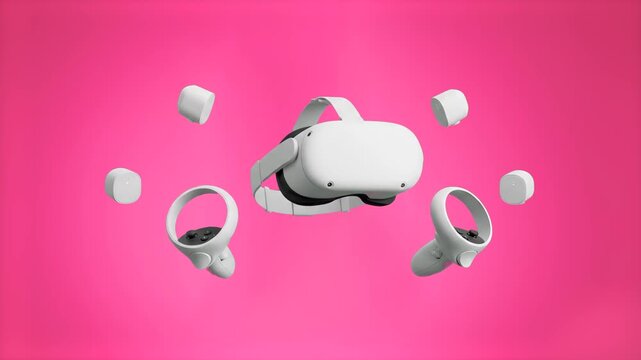A modern white virtual reality headset with hand controllers floats against a bright pink background. Perfect for gaming promotions, metaverse tech concepts, futuristic UI, and digital entertainment v