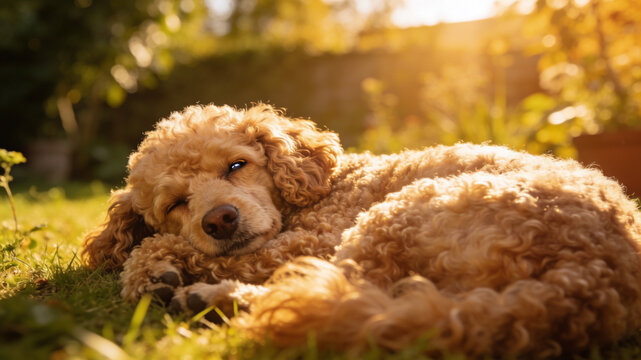 Adorable curly-haired poodle puppy sleeping peacefully on green grass in warm golden hour sunlight.