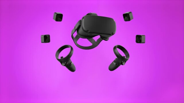 A premium black virtual reality gear setup floats suspended in mid-air against a solid vibrant purple studio backdrop. This modern 3D hardware visualization is perfect for metaverse marketing, gaming 