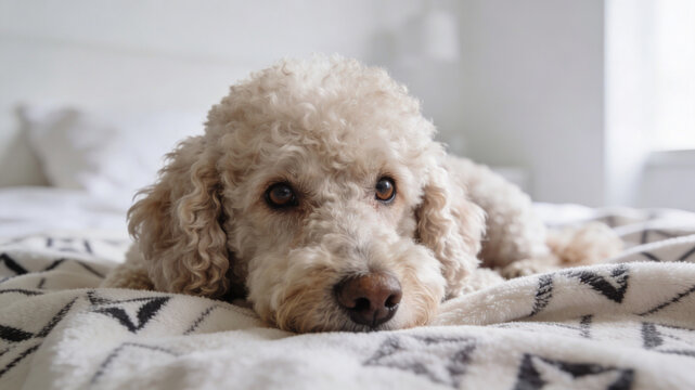 Close-up portrait of a cute cream-colored poodle mix dog lying on a patterned blanket in a bright bedroom.