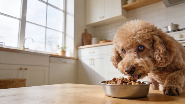Adorable brown poodle dog eating dry kibble food from a metal bowl in a bright, modern kitchen setting.