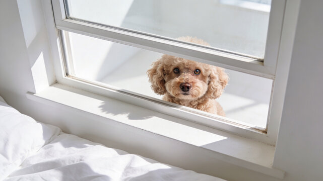 Cute brown poodle dog peering through a white window frame into a bright, sunlit bedroom.