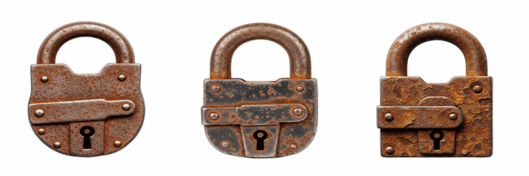 Isolated set of antique rusted iron padlock security lockers on white background, vintage heavy metal key lock collection for protection boundary, historical secret and mystery concept