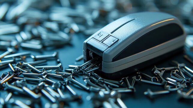 Modern stapler surrounded by staples