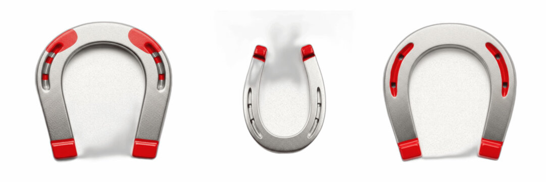 Isolated classic silver metallic U shaped horseshoe magnet with red magnetic tips emitting steam or smoke on white background, 3d physical force attraction representation for science experiment concep
