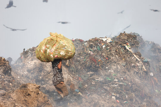 Aminbazar, Bangladesh - 21 February 2026: View of a waste picker carrying a large sack of garbage on his head amidst piles of trash and scavenging birds at the Aminbazar landfill.