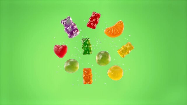 A colorful collection of gummy bears, fruit slices, and heart-shaped candies suspended in mid-air. The playful 3D animation is designed for confectionery branding, kids' content, and sweet-toothed aud