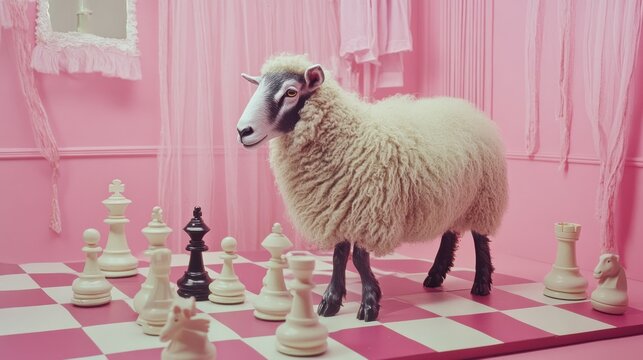 A sheep stands on a chessboard in a pink room