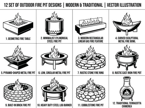 Set of 12 outdoor fire pit designs, modern and traditional vector illustration