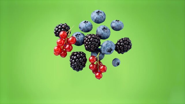Blueberries, blackberries, and red currants are suspended in mid-air against a solid light green background. This clean, high-quality 3D food simulation is ideal for healthy eating promotions, breakfa
