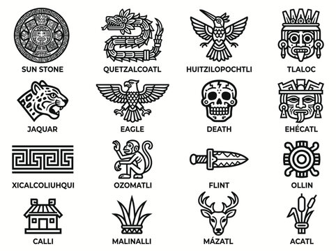 Set of aztec symbols and icons, ancient mexican culture elements