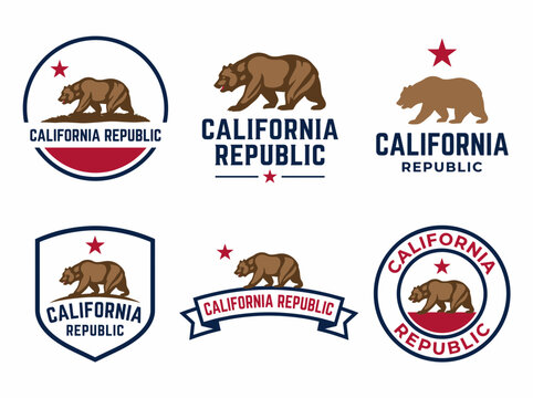 Set of california republic emblems with grizzly bear and red star