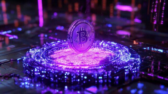 A holographic cryptocurrency logo spinning in a virtual environment, surrounded by glowing digital code.