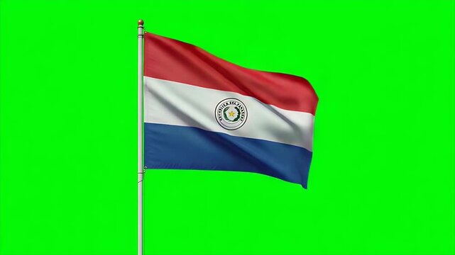 Waving Paraguay flag animation against green screen backdrop for easy compositing and versatile patriotic design projects worldwide