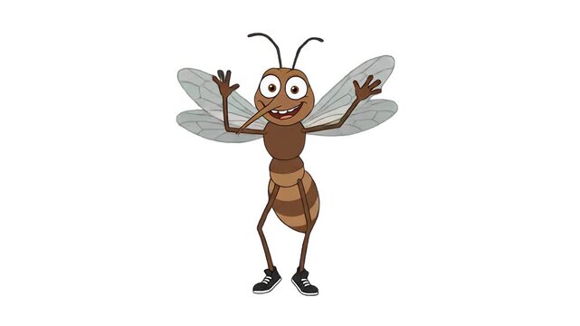 A friendly 3D cartoon mosquito or fly character waves its arms and dances happily against a solid white backdrop. This lighthearted insect animation is suitable for healthcare awareness campaigns, pes