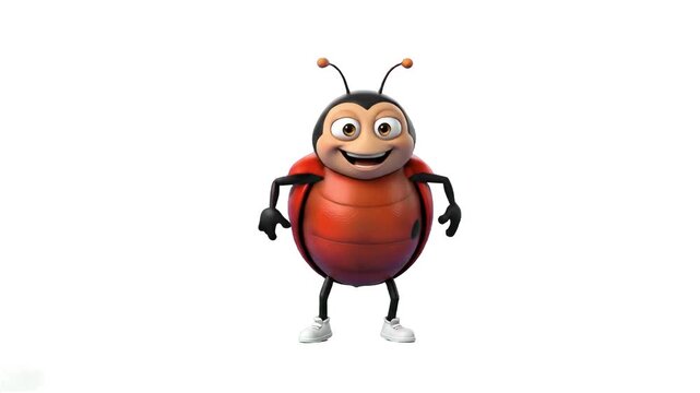 A cute 3D stylized ladybug character dances happily with a cheerful expression against a clean, solid white background. This versatile animation element can easily be integrated into website design, k