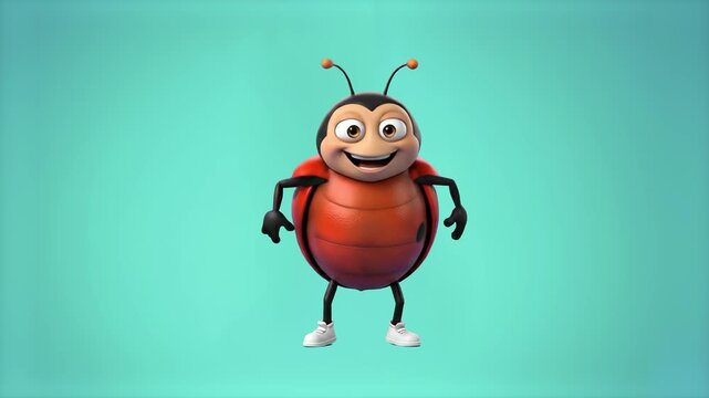 A cheerful 3D animated ladybug raises its arms and dances happily against a solid cyan studio background. This bright and friendly character animation is ideal for kids' entertainment, playful adverti