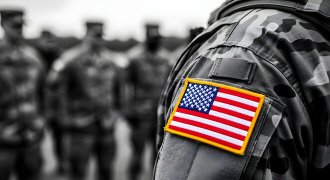 American flag patch on military uniform with soldiers in blurred background