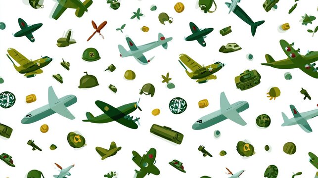 Seamless pattern of military aircraft, helmets, and other war-related elements on a white surface