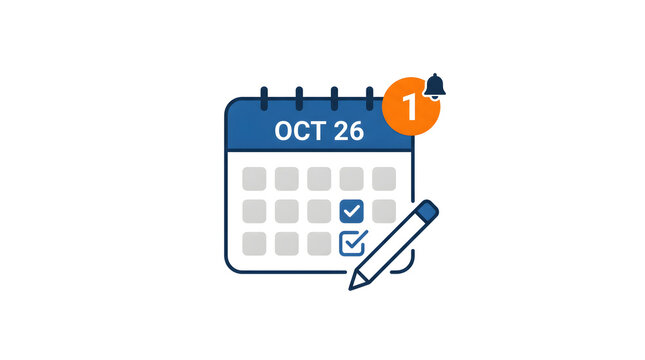 Calendar with reminder bell and checkmarks, schedule and planning icon