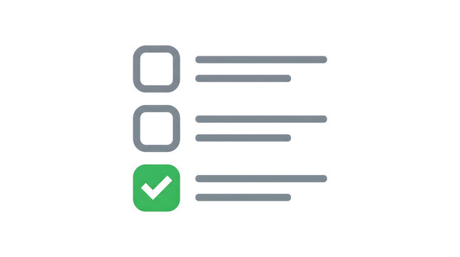 Checklist with green checkmark, task completion and verification icon