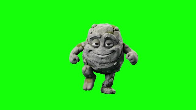 A textured grey stone golem character performing a fun dance routine with a smile. This high-quality 3D animation includes a solid green background for professional video production and compositing.