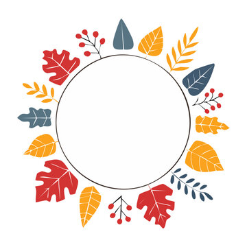 Autumn leaves and berries circular frame, flat design
