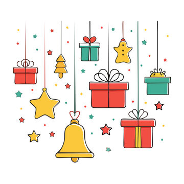 Christmas decorations with gift boxes, bell, tree, and stars