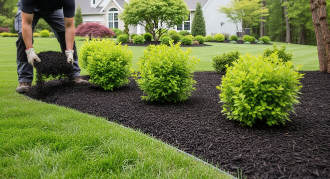Professional gardener spreading dark organic mulch around green shrubs in a residential yard during a bright sunny spring day