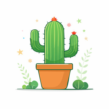 Cute potted cactus with flowers and stars