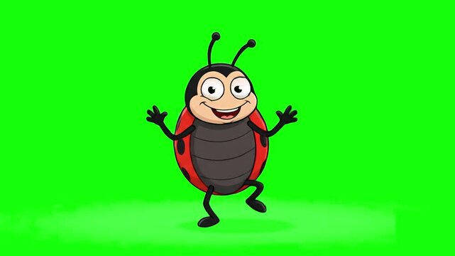 A friendly animated ladybug character with red wings waving its arms and dancing happily. This clean 2D vector graphic clip features a solid green chroma key background.