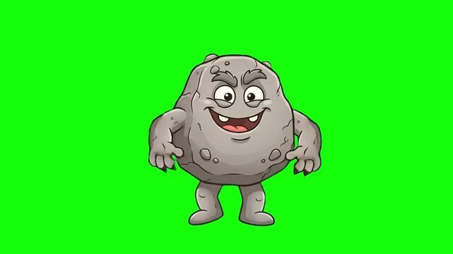 An animated grey rock character with a funny face dancing joyfully. This 2D vector animation is set against a solid green screen backdrop for seamless chroma key compositing.